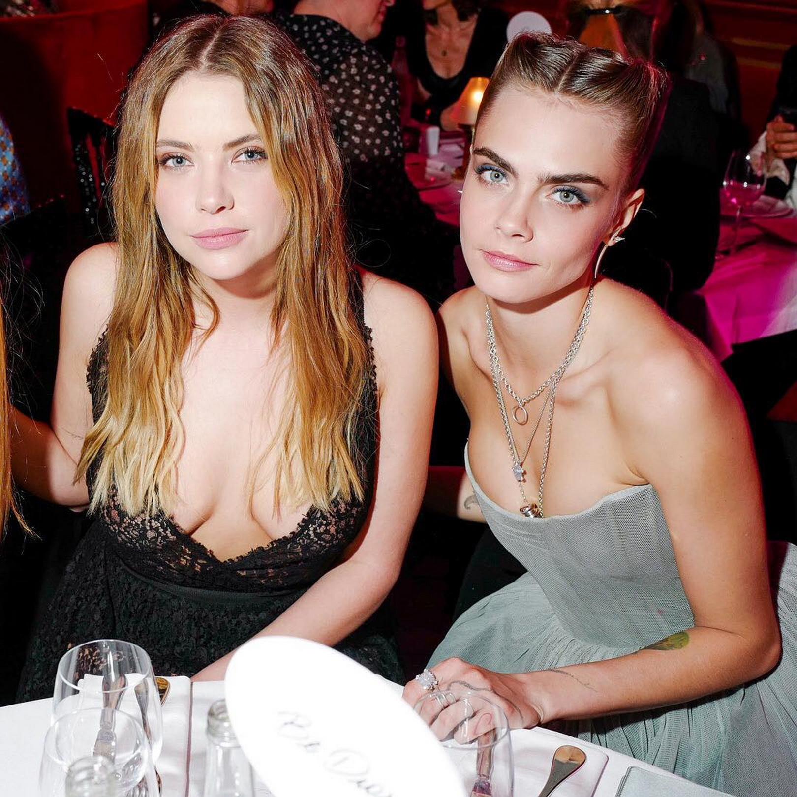 Ashley Benson and Cara Delevigne braless in see thru dress on Dior Lipstick Launch Party HQ (4).jpg
